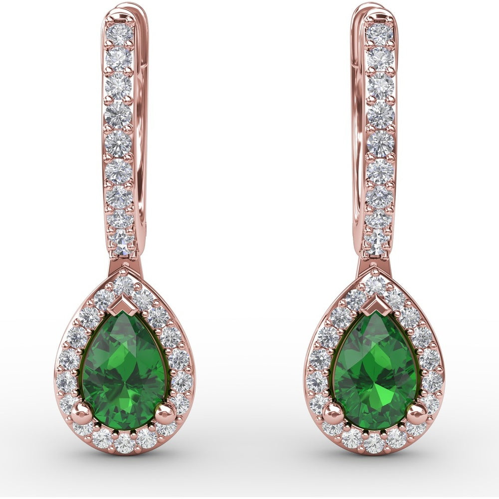Petite Teardrop Hoop Earrings with Pear-Shaped Emerald and Pavé Diamond Halo by Fana - 1.01 Carat Total Gemstone Weight