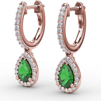 Petite Teardrop Hoop Earrings with Pear-Shaped Emerald and Pavé Diamond Halo by Fana - 1.01 Carat Total Gemstone Weight