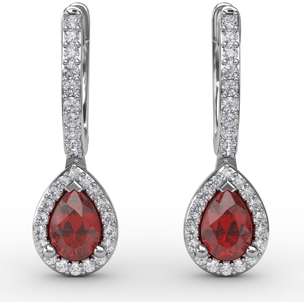 Petite Teardrop Hoop Earrings with Pear-Shaped Ruby and Diamond Halo by Fana - 1.35 Carat Total Gemstone Weight