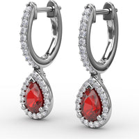 Petite Teardrop Hoop Earrings with Pear-Shaped Ruby and Diamond Halo by Fana - 1.35 Carat Total Gemstone Weight