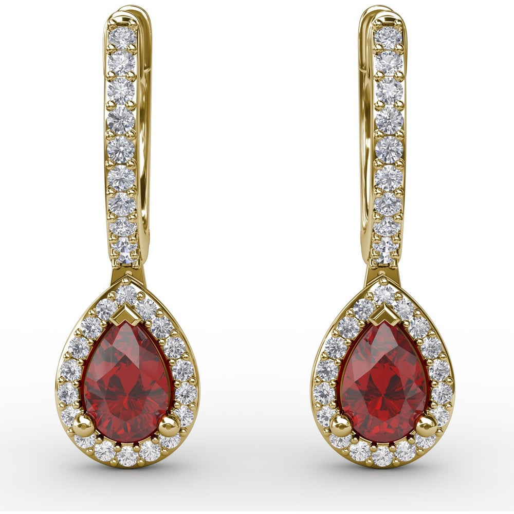 Petite Teardrop Hoop Earrings with Pear-Shaped Ruby and Diamond Halo by Fana - 1.35 Carat Total Gemstone Weight