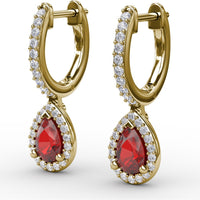 Petite Teardrop Hoop Earrings with Pear-Shaped Ruby and Diamond Halo by Fana - 1.35 Carat Total Gemstone Weight