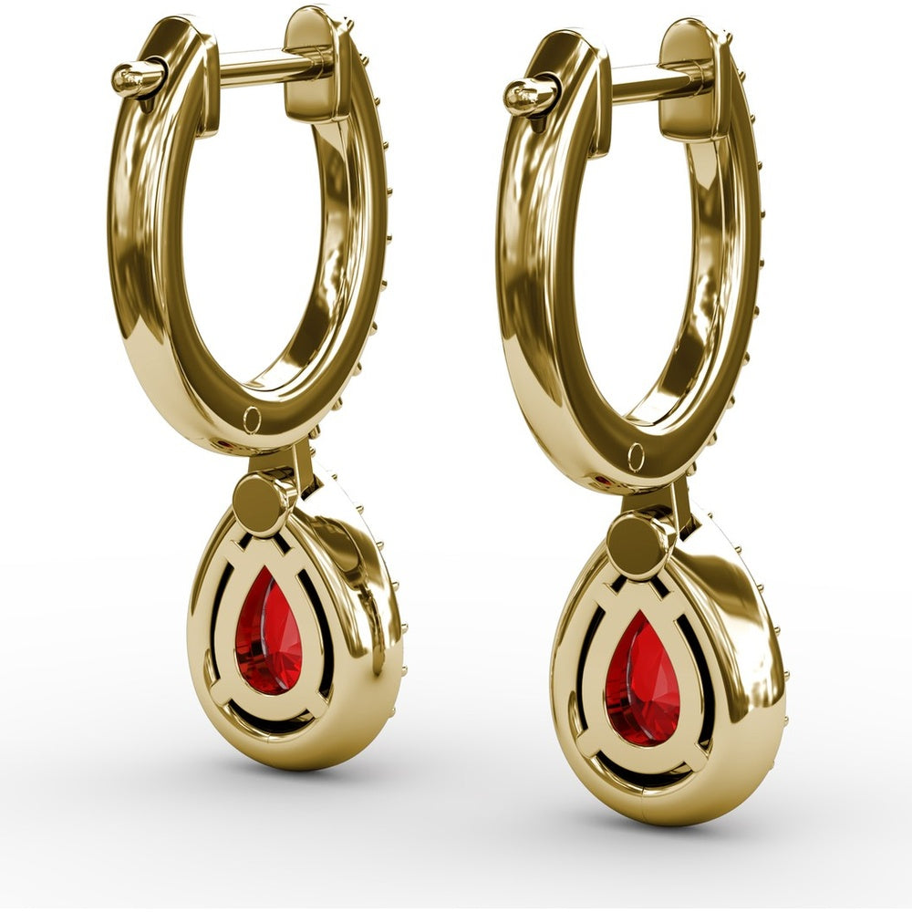 Petite Teardrop Hoop Earrings with Pear-Shaped Ruby and Diamond Halo by Fana - 1.35 Carat Total Gemstone Weight