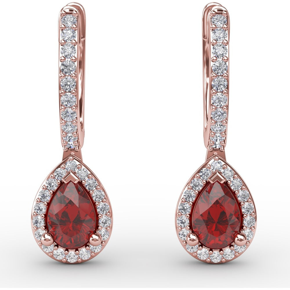 Petite Teardrop Hoop Earrings with Pear-Shaped Ruby and Diamond Halo by Fana - 1.35 Carat Total Gemstone Weight