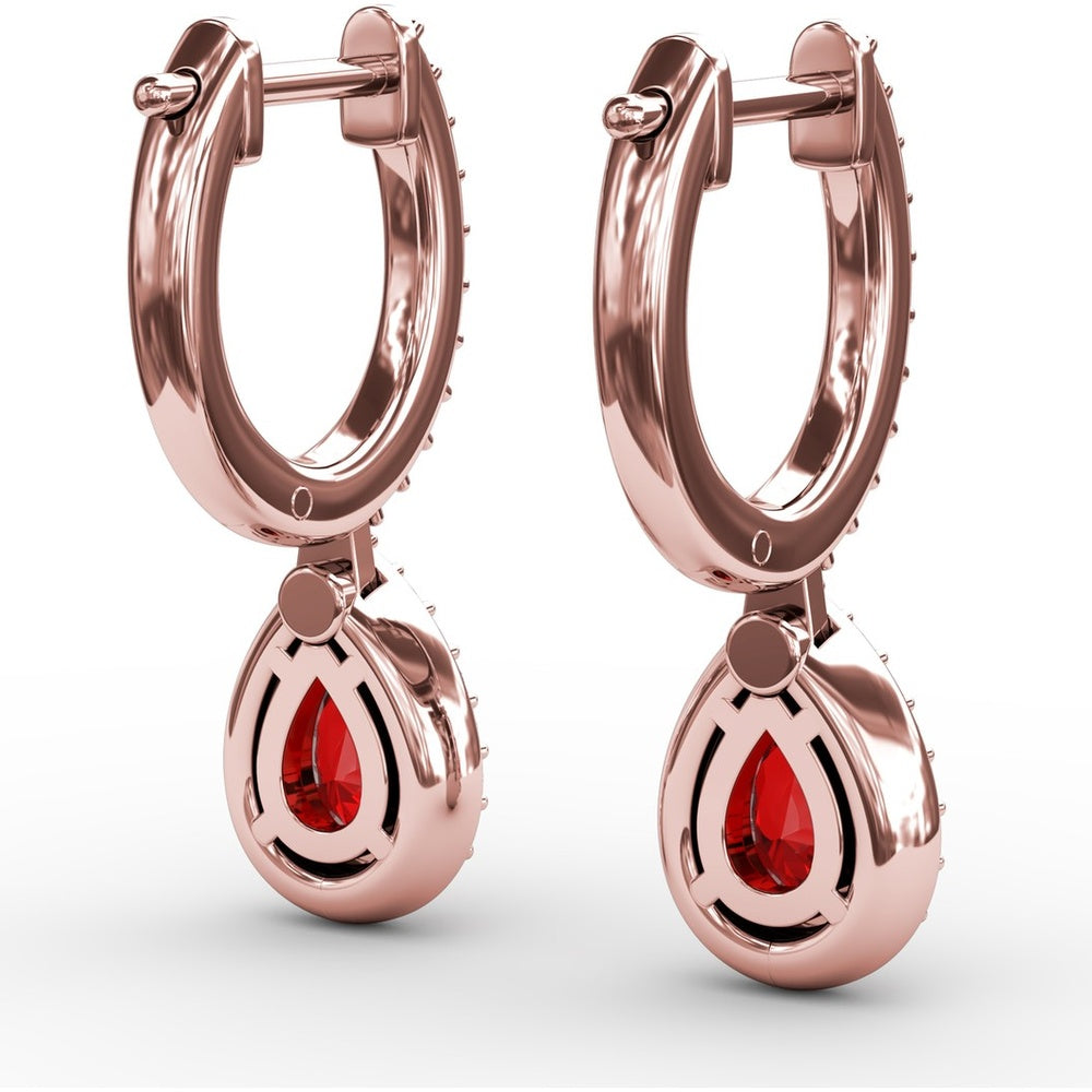 Petite Teardrop Hoop Earrings with Pear-Shaped Ruby and Diamond Halo by Fana - 1.35 Carat Total Gemstone Weight