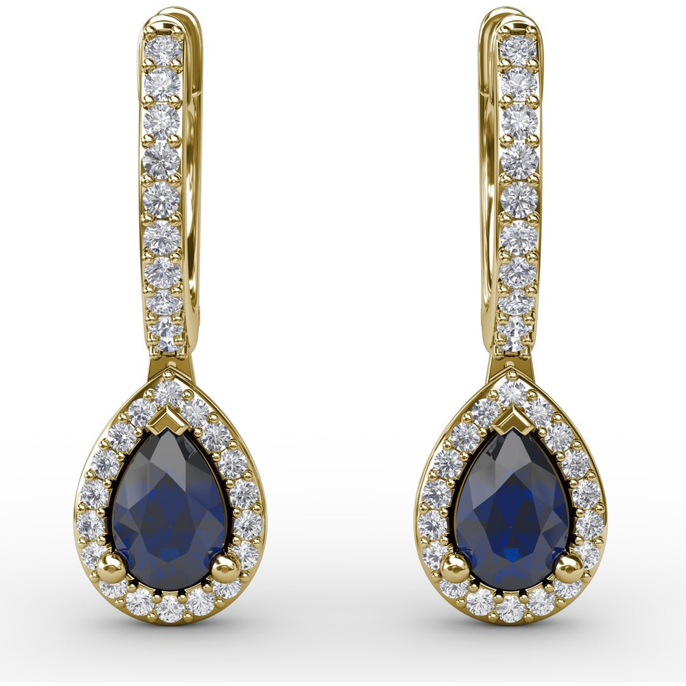 Petite Teardrop Hoop Earrings with Pear-Shaped Sapphires and Diamond Halo by Fana - 1.35 Carat Total Gemstone Weight