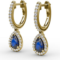 Petite Teardrop Hoop Earrings with Pear-Shaped Sapphires and Diamond Halo by Fana - 1.35 Carat Total Gemstone Weight