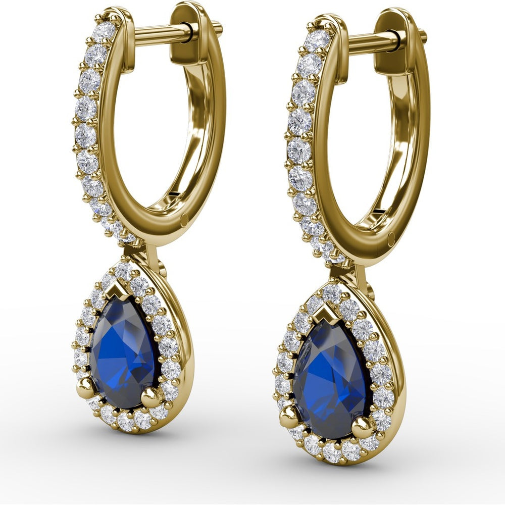 Petite Teardrop Hoop Earrings with Pear-Shaped Sapphires and Diamond Halo by Fana - 1.35 Carat Total Gemstone Weight