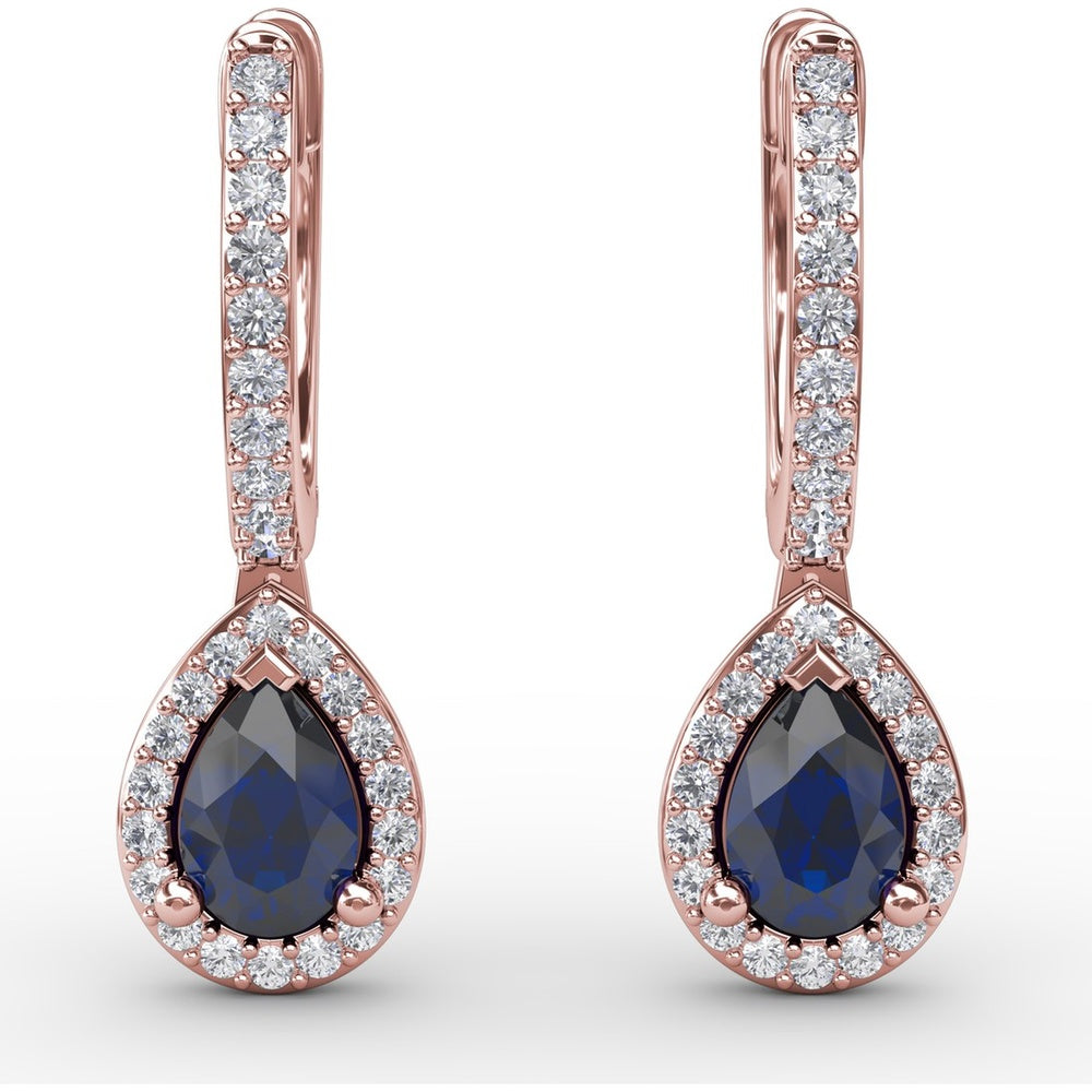 Petite Teardrop Hoop Earrings with Pear-Shaped Sapphires and Diamond Halo by Fana - 1.35 Carat Total Gemstone Weight