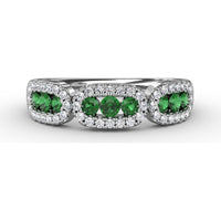 Petite Three-Stone Ring with Round Emeralds and Diamond Halos by Fana - 0.59 Carat Total Gemstone Weight
