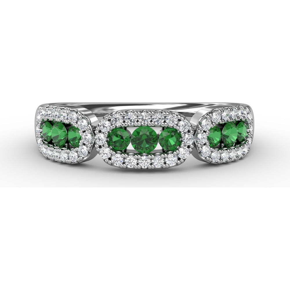 Petite Three-Stone Ring with Round Emeralds and Diamond Halos by Fana - 0.59 Carat Total Gemstone Weight