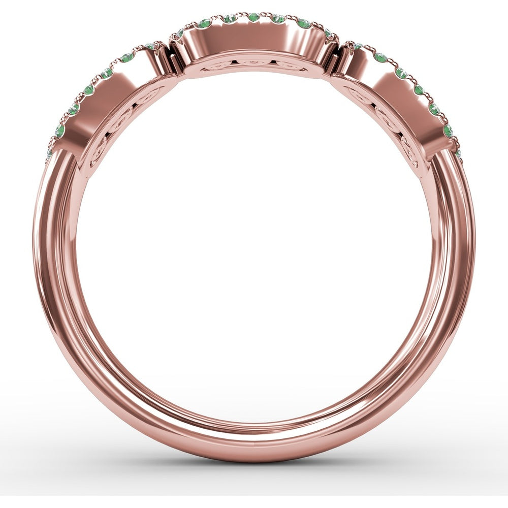 Petite Three-Stone Ring with Round Emeralds and Diamond Halos by Fana - 0.59 Carat Total Gemstone Weight