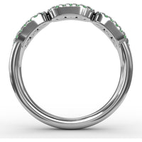 Petite Three-Stone Ring with Round Emeralds and Diamond Halos by Fana - 0.59 Carat Total Gemstone Weight