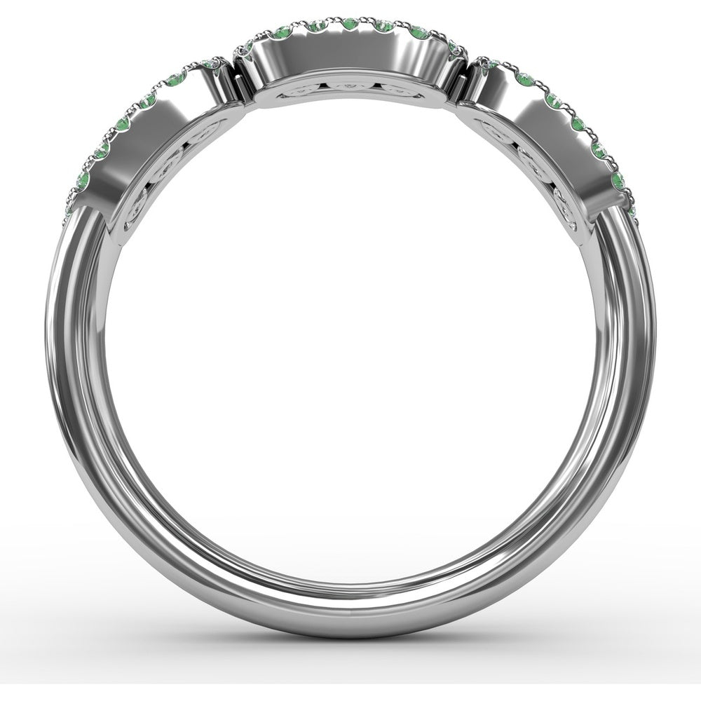 Petite Three-Stone Ring with Round Emeralds and Diamond Halos by Fana - 0.59 Carat Total Gemstone Weight