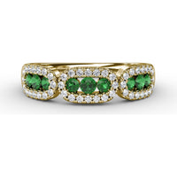 Petite Three-Stone Ring with Round Emeralds and Diamond Halos by Fana - 0.59 Carat Total Gemstone Weight
