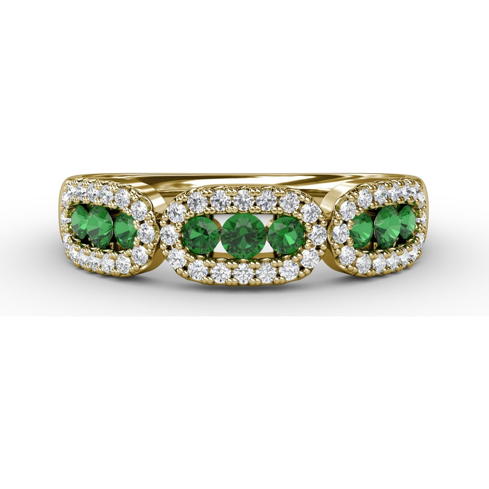 Petite Three-Stone Ring with Round Emeralds and Diamond Halos by Fana - 0.59 Carat Total Gemstone Weight
