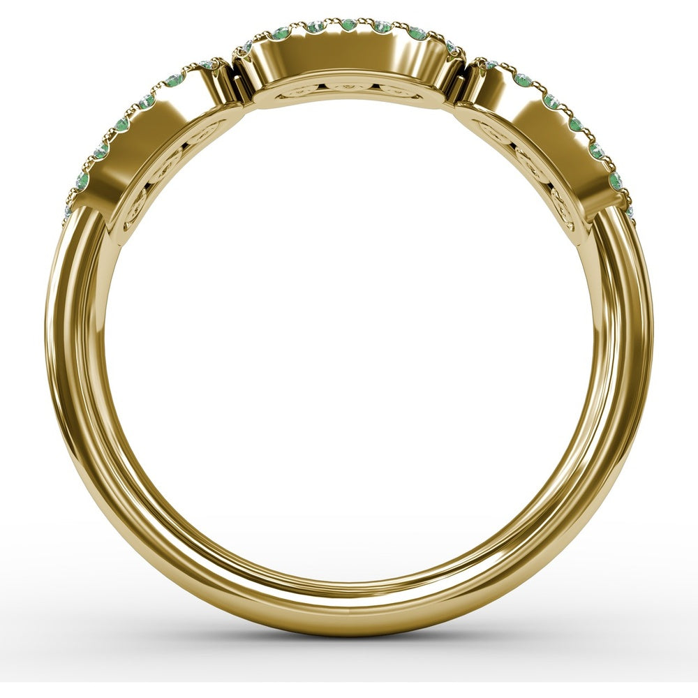 Petite Three-Stone Ring with Round Emeralds and Diamond Halos by Fana - 0.59 Carat Total Gemstone Weight