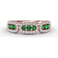 Petite Three-Stone Ring with Round Emeralds and Diamond Halos by Fana - 0.59 Carat Total Gemstone Weight