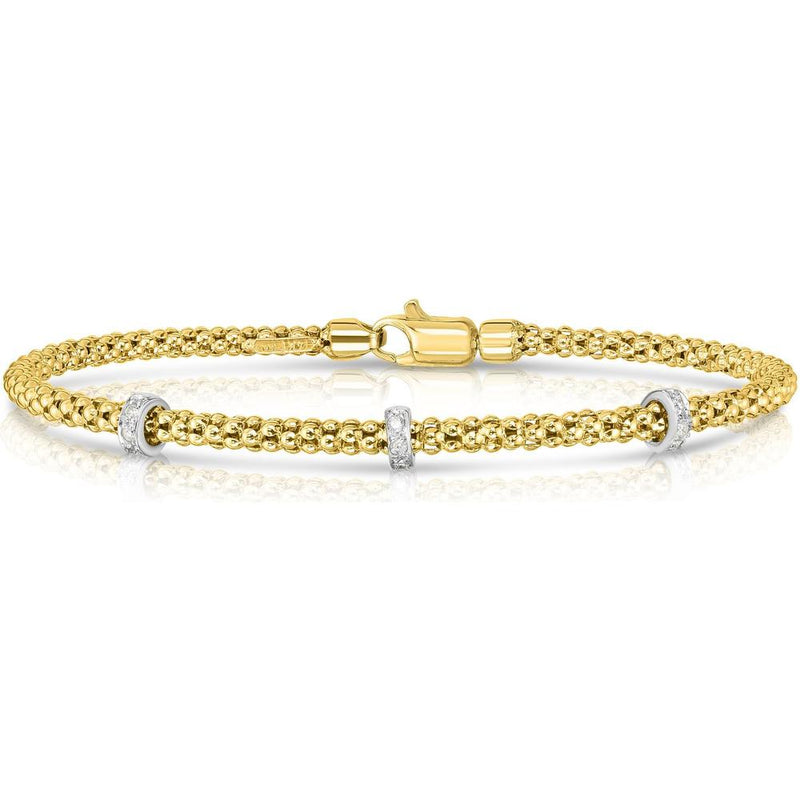 Phillip Gavriel 14K Yellow Gold Popcorn Chain Bracelet with 0.072 Carat Triple Diamond Stations - 7.25"