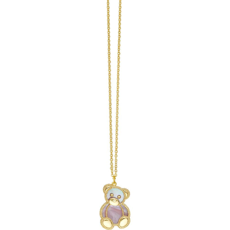 Phillip Gavriel 14K Yellow Gold Teddy Bear Necklace with Pink Mother of Pearl Pendant - 18" Popcorn Chain