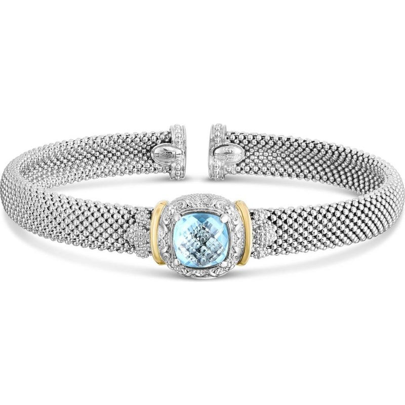 Phillip Gavriel 18K Gold and Sterling Silver Popcorn Open Cuff Bracelet with 8mm Cushion-Cut Blue Topaz