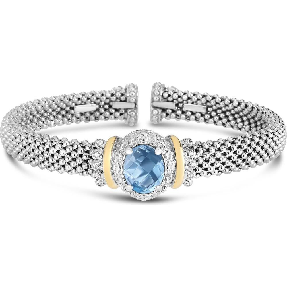 Phillip Gavriel 18K Yellow Gold and Sterling Silver Blue Topaz Cuff Bangle with Diamond Accents Popcorn Collection