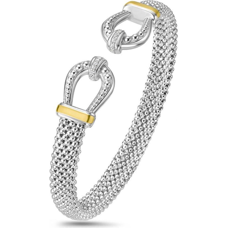 Phillip Gavriel Silver & 18K Gold 8mm Popcorn Cuff Bangle with Diamond Accent Horseshoe Clasp