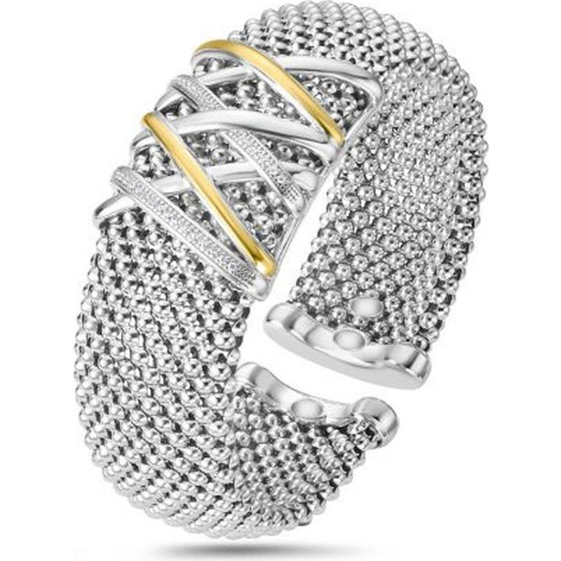 Phillip Gavriel Silver and 18K Gold Cuff Bracelet with Popcorn Texture and Diamond Accents - 0.15 Carat Total Diamond Weight