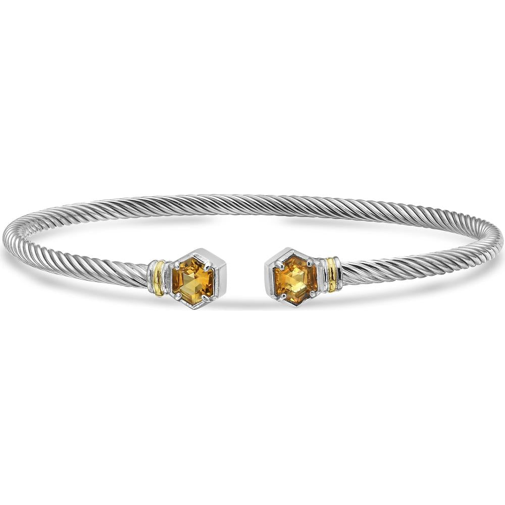 Phillip Gavriel Silver & 18K Gold Italian Cable Hexagon Cuff Bangle with Citrine Stones - 9.12g