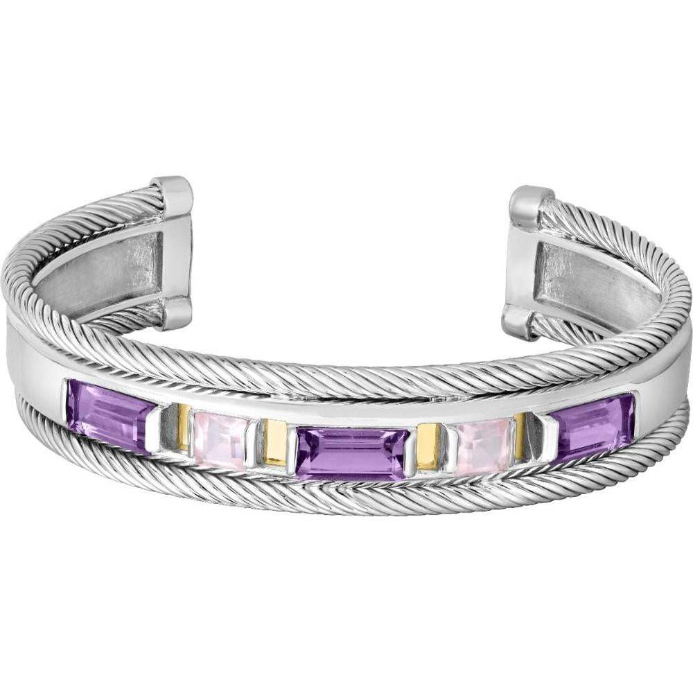 Phillip Gavriel Silver & 18K Yellow Gold 13mm Amethyst and Rose Quartz Madison Cable Cuff Bracelet - 33.4 Gram Weight