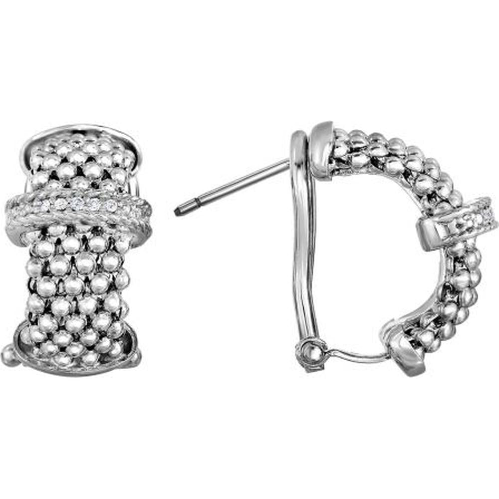 Phillip Gavriel Sterling Silver 18mm Popcorn Texture Half-Moon Huggie Earrings with Diamond Bar - 0.05 Carat Total Diamond Weight
