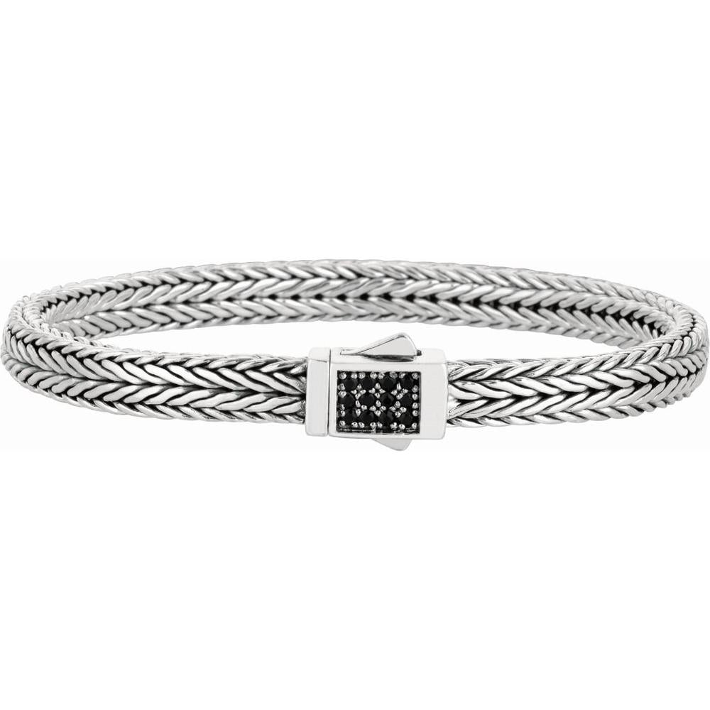 Phillip Gavriel Sterling Silver 7.5" Woven Bracelet with Rectangle Lock and Round Black Sapphires - 7mm