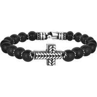 Phillip Gavriel Sterling Silver 8.25" Men's Bracelet with 8mm Black Onyx Beads and Intricate Cross Motif