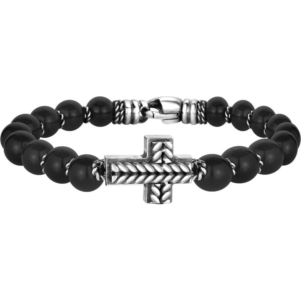 Phillip Gavriel Sterling Silver 8.25" Men's Bracelet with 8mm Black Onyx Beads and Intricate Cross Motif