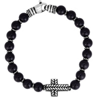 Phillip Gavriel Sterling Silver 8.25" Men's Bracelet with 8mm Black Onyx Beads and Intricate Cross Motif