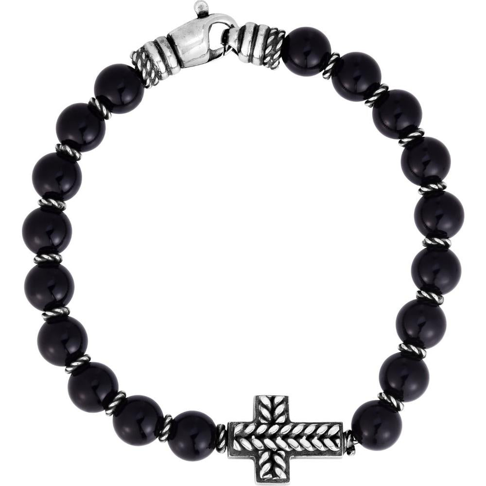 Phillip Gavriel Sterling Silver 8.25" Men's Bracelet with 8mm Black Onyx Beads and Intricate Cross Motif