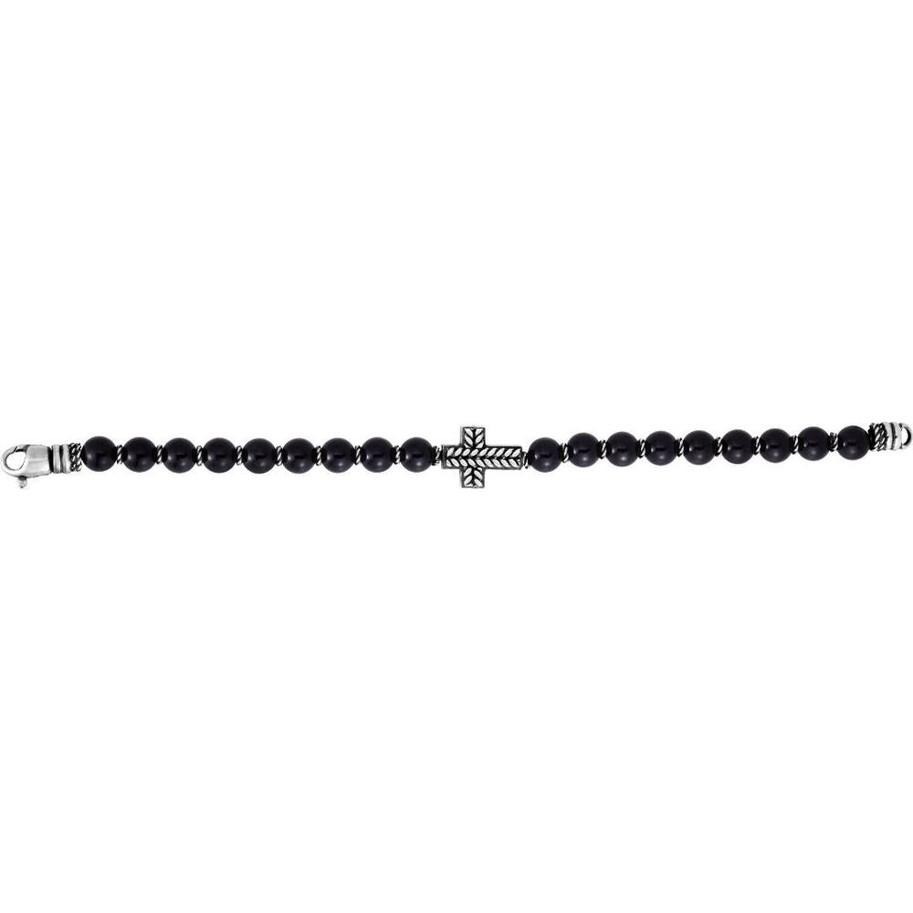 Phillip Gavriel Sterling Silver 8.25" Men's Bracelet with 8mm Black Onyx Beads and Intricate Cross Motif