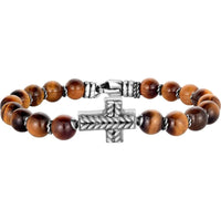 Phillip Gavriel Sterling Silver 8.25" Men's Bracelet with 8mm Tiger's Eye Beads and Engraved Rope Cross - Polished Finish
