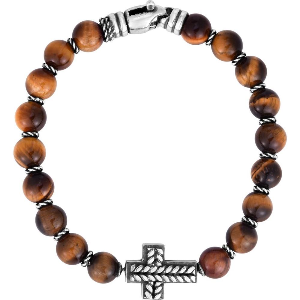 Phillip Gavriel Sterling Silver 8.25" Men's Bracelet with 8mm Tiger's Eye Beads and Engraved Rope Cross - Polished Finish