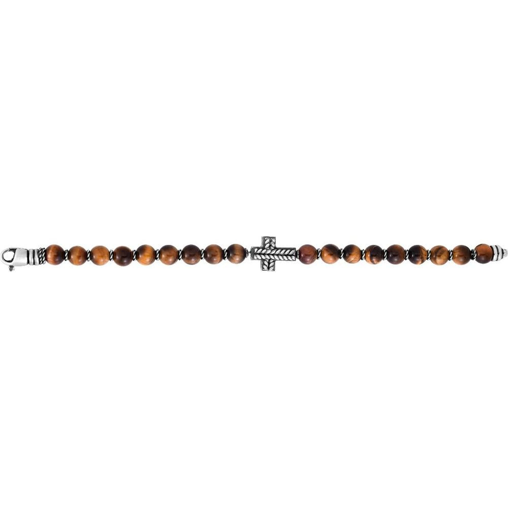 Phillip Gavriel Sterling Silver 8.25" Men's Bracelet with 8mm Tiger's Eye Beads and Engraved Rope Cross - Polished Finish