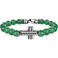 Phillip Gavriel Sterling Silver 8.25" Men's Cross Bracelet with 8mm Green Agate Beads and Rope-Textured Cross Detail