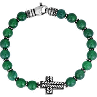 Phillip Gavriel Sterling Silver 8.25" Men's Cross Bracelet with 8mm Green Agate Beads and Rope-Textured Cross Detail