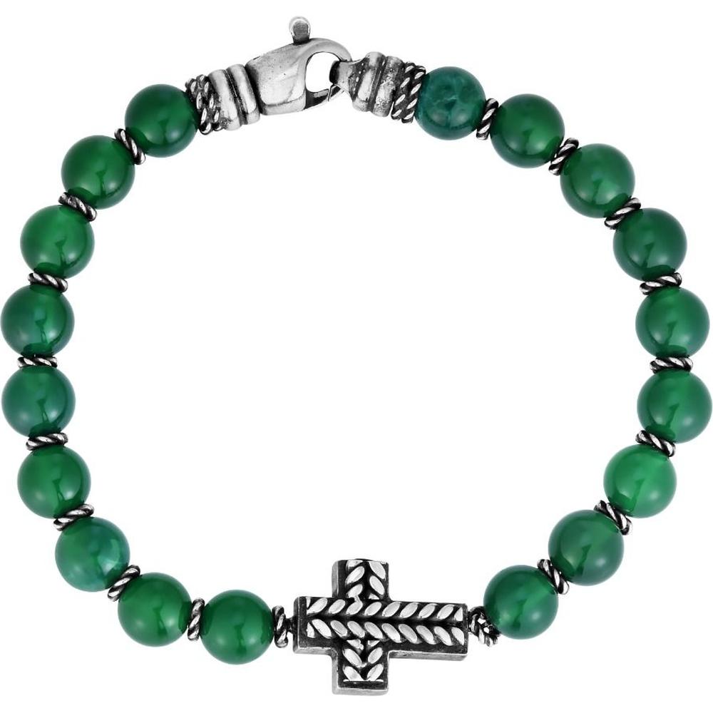 Phillip Gavriel Sterling Silver 8.25" Men's Cross Bracelet with 8mm Green Agate Beads and Rope-Textured Cross Detail