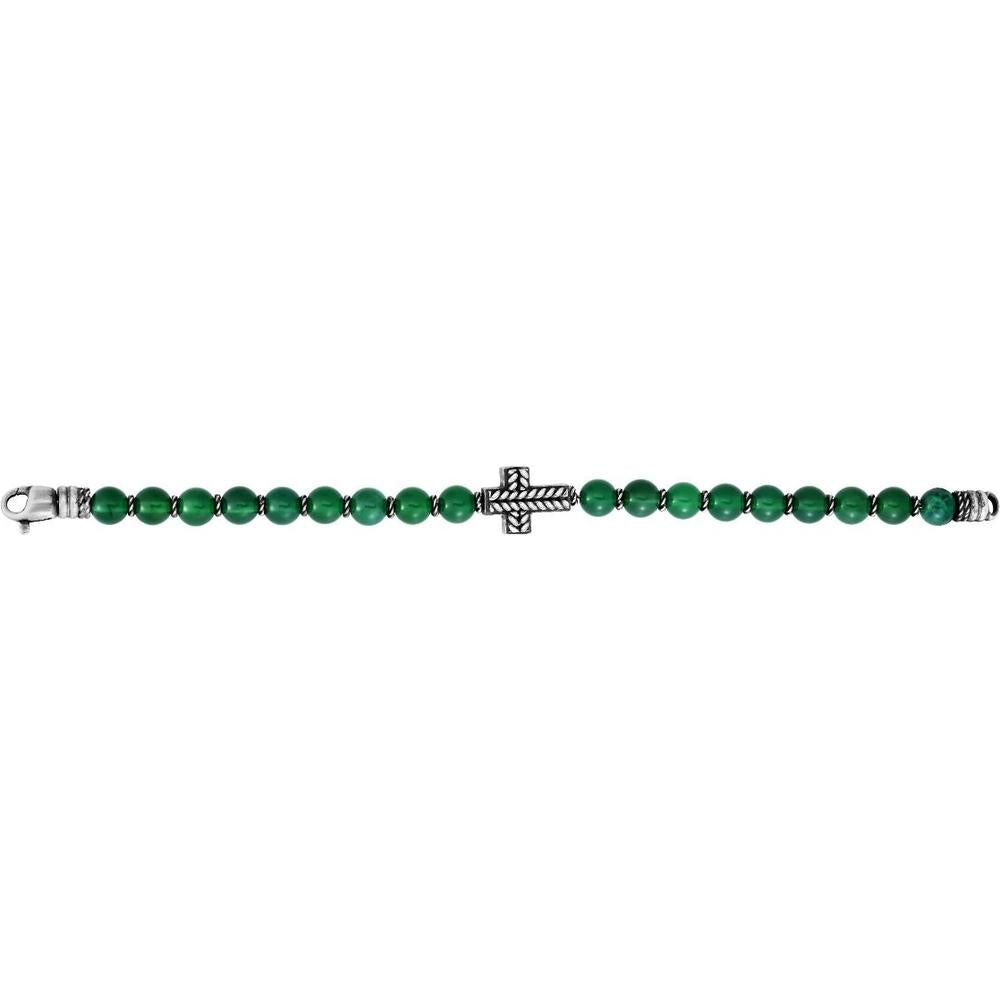 Phillip Gavriel Sterling Silver 8.25" Men's Cross Bracelet with 8mm Green Agate Beads and Rope-Textured Cross Detail