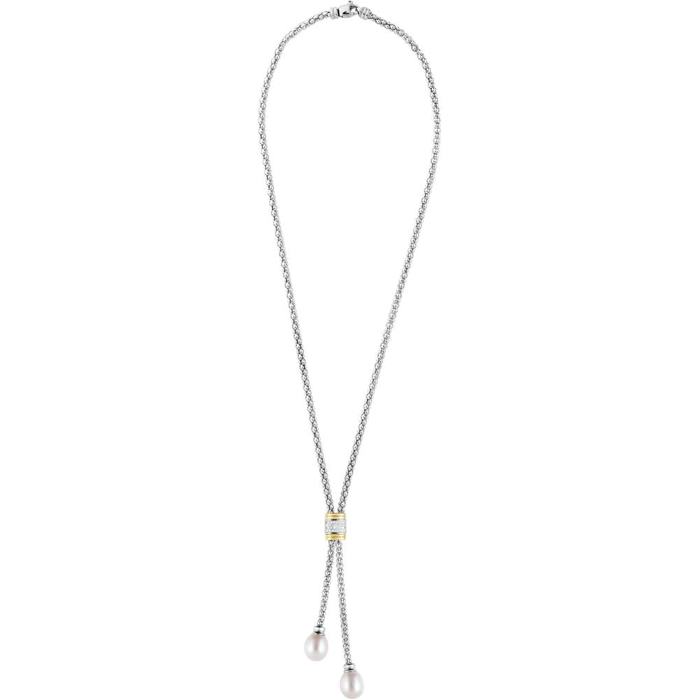 Phillip Gavriel Sterling Silver & 18K Gold Adjustable Diamond and Pearl Lariat Necklace - 0.13 Carat Diamond - 17"