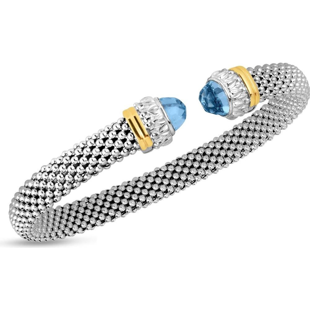 Phillip Gavriel Sterling Silver and 18K Gold Blue Topaz Popcorn Cuff Bracelet with Bezel-Set Endstones