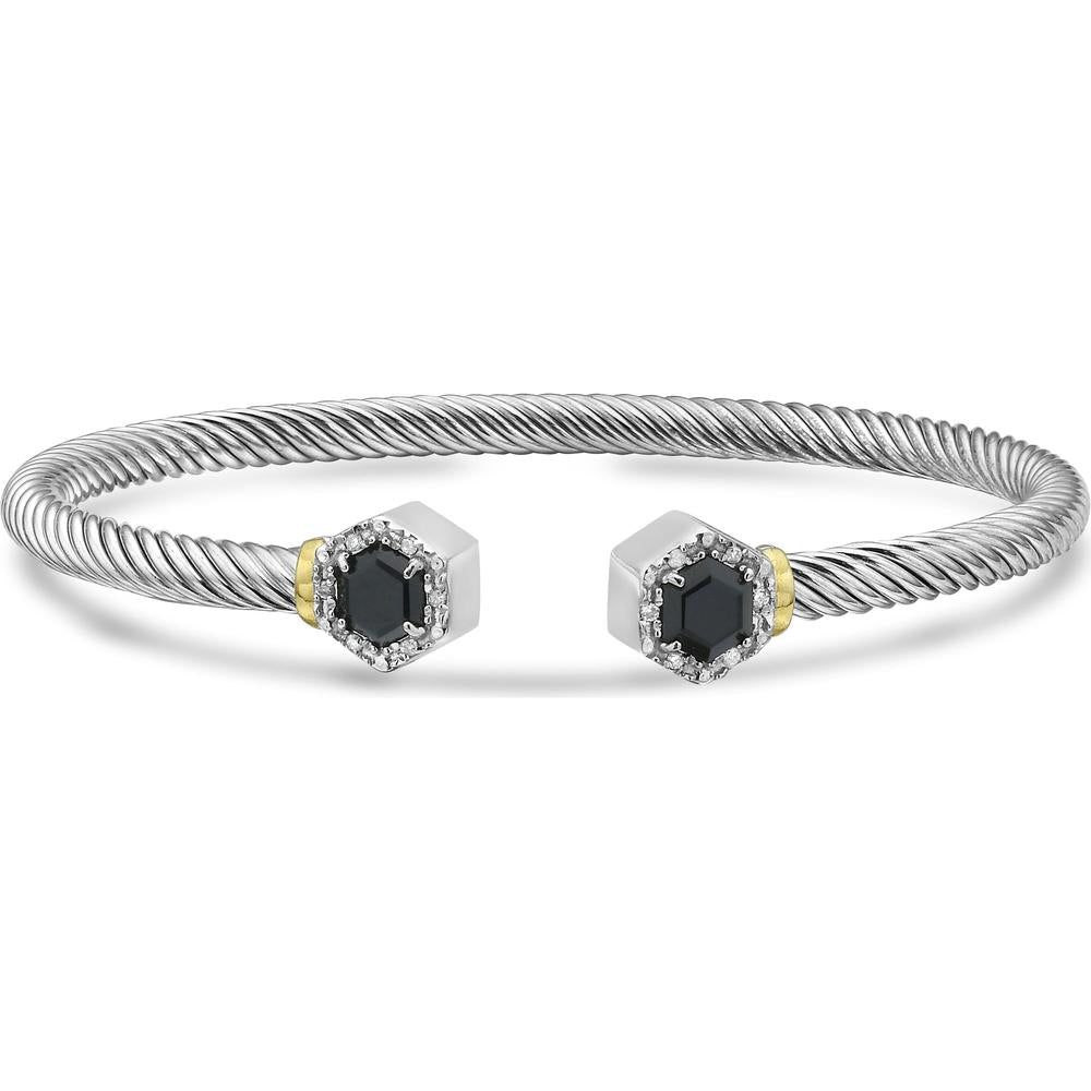 Phillip Gavriel Sterling Silver & 18K Gold Italian Cable Hexagon Cuff Bangle with Black Onyx and 0.12 Carat Diamond Accents