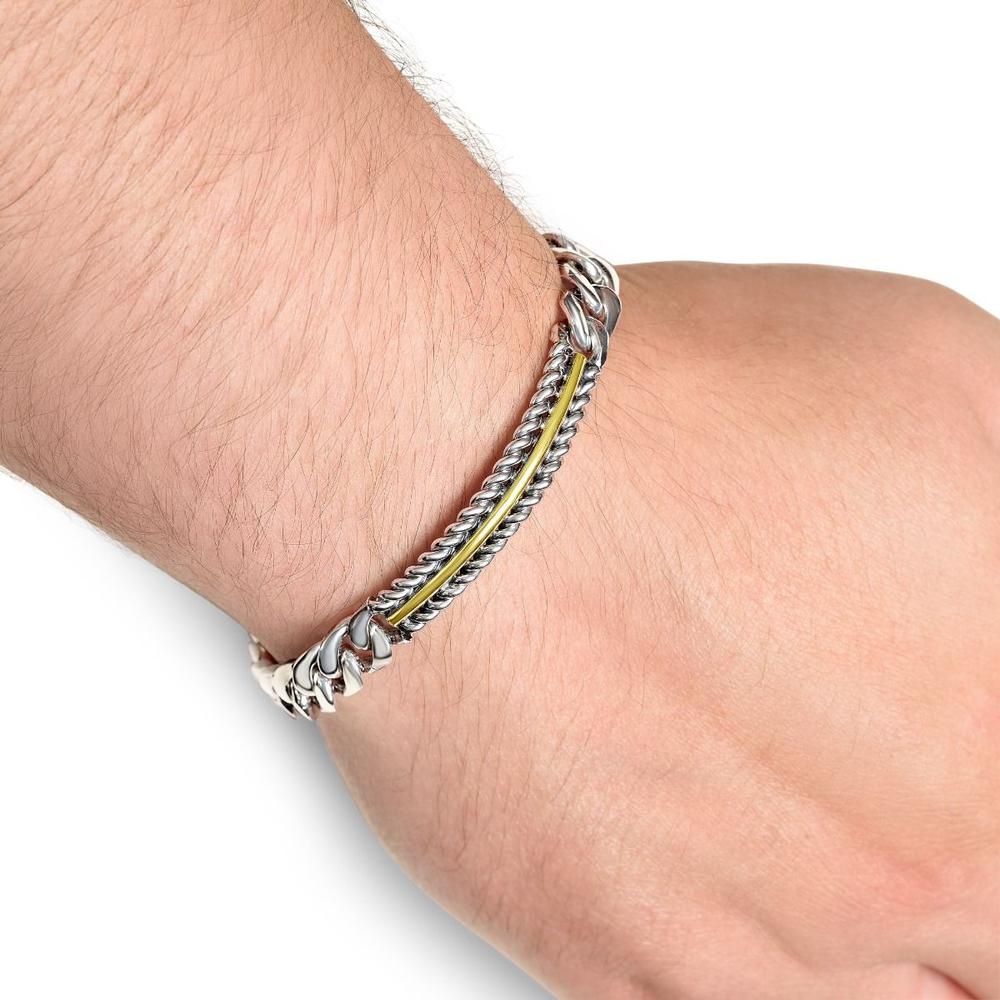 Phillip Gavriel Sterling Silver and 18K Gold Men's Cuban Cable Link ID Bracelet - 8" Polished Finish