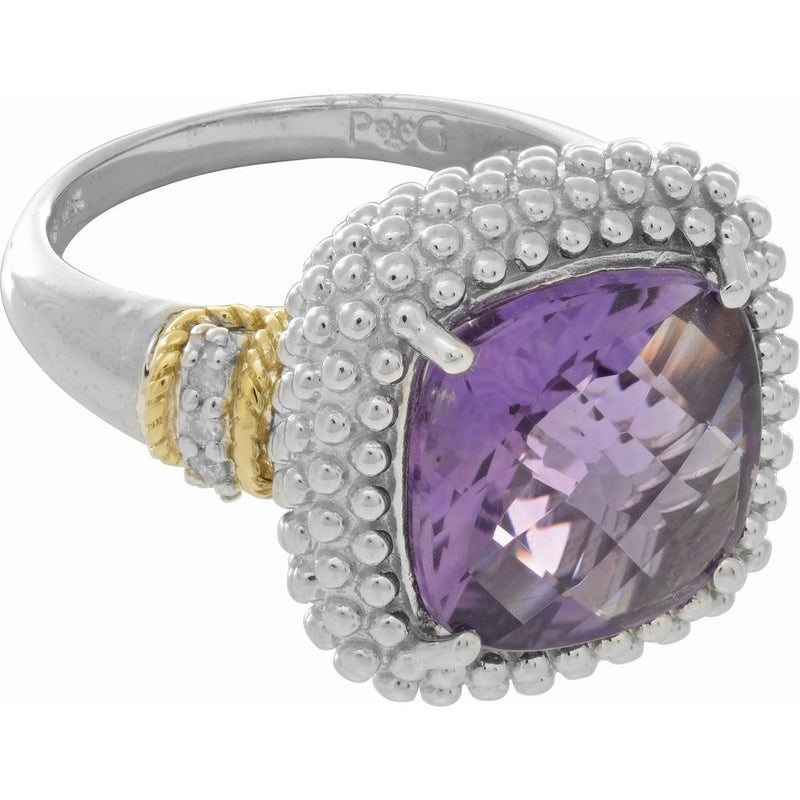 Phillip Gavriel Sterling Silver and 18K Gold Two-Tone Ring with Cushion-Cut Briolette Amethyst and Diamond Accents - Size 7