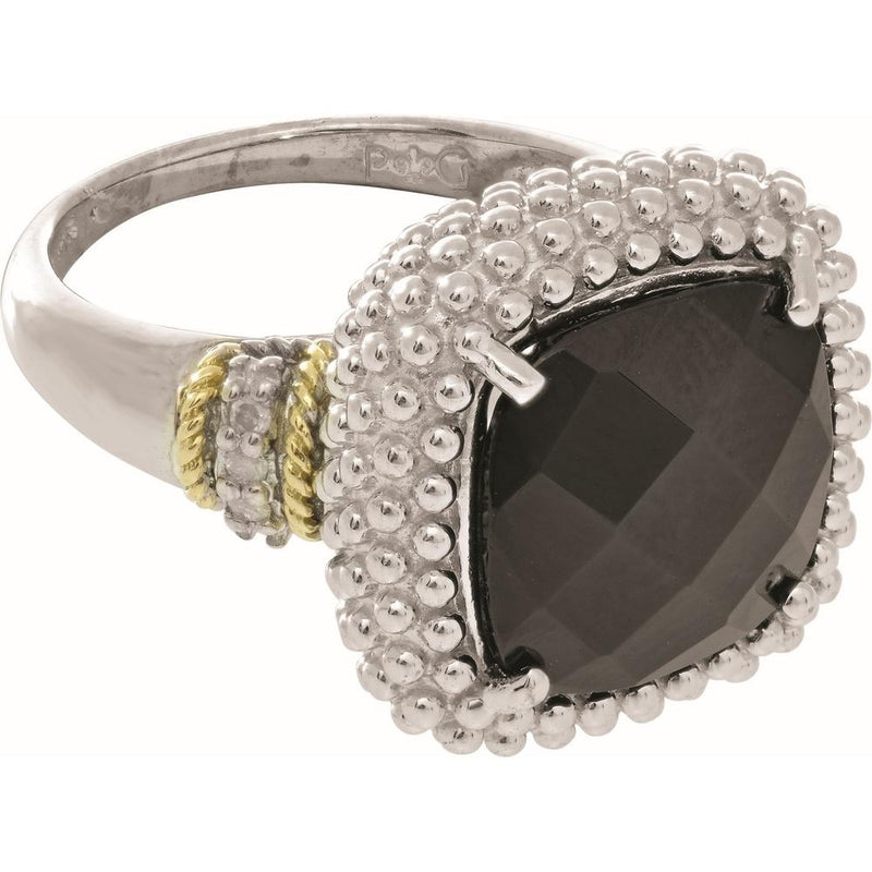 Phillip Gavriel Sterling Silver & 18K Yellow Gold Ring with Cushion Briolette Black Onyx and Diamond Accent - Size 7